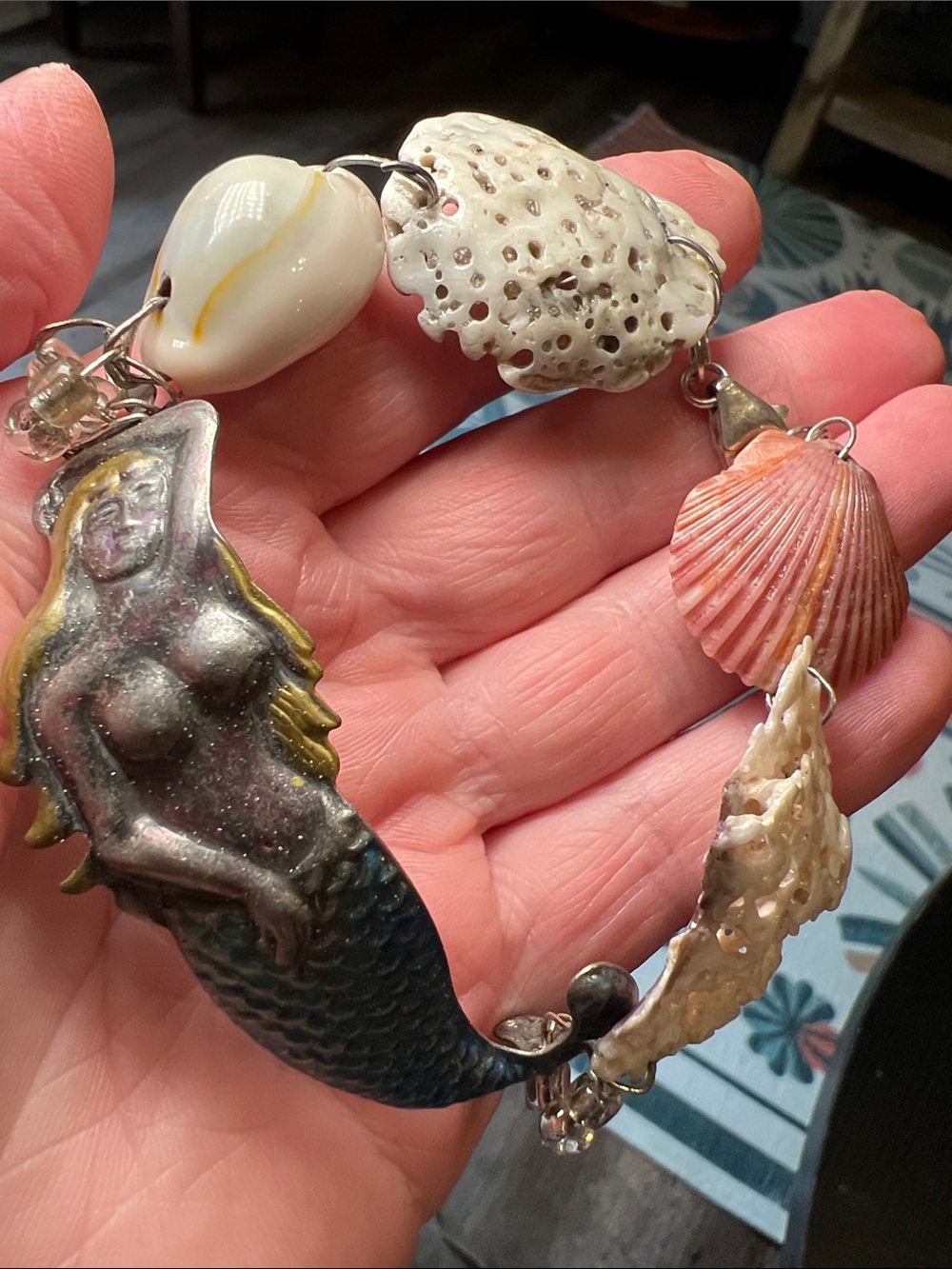 Vintage Unique Artisan Handmade OOAK Ocean Mermaid Seashell Statement Bracelet